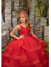 Red Lace Tulle Ruffle Floor Length Flower Girl Dress
